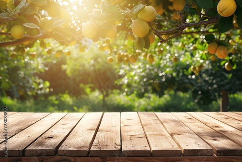 an empty boardwalk on a blurred background of a garden with apricots. display your product outdoors. mockup.