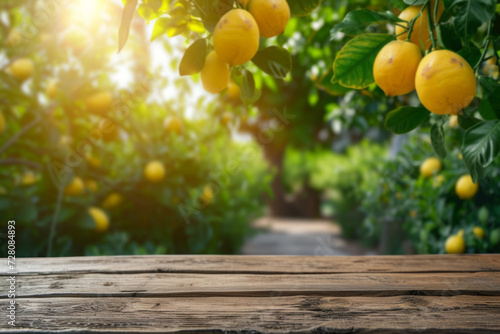 empty wooden boardwalk on a blurred background of a lemon orchard. display of your product outdoors.