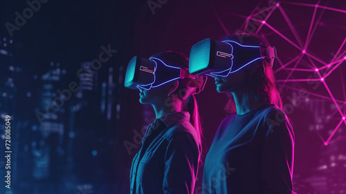 Two girl wearing virtual reality simulator AR, VR glasses opposite the screens with the program code in purple and pink colors © NK Project