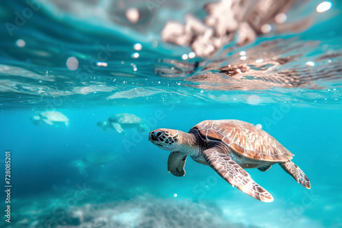 Whimsical sea turtles underwater, a magical and underwater scene featuring sea turtles gracefully swimming in clear blue waters.