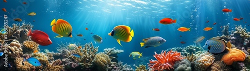 exotic fishes swimming in the sea or in aquarium. Colorful background. Generative AI