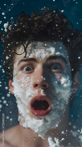 a guy with a lot of white facial cream on HIS face, CREAM FALLING LIKE rain, HIS expression is extremely shocked