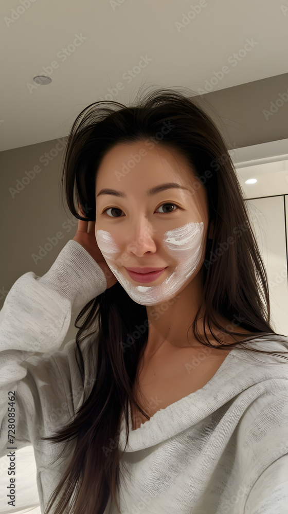 asian woman covered up with facial white cream asian woman covered up with facial white cream