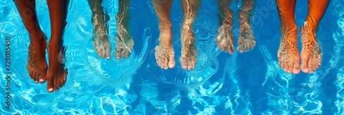 legs of various causasian and black underwater in a swimming pool. Generative AI photo