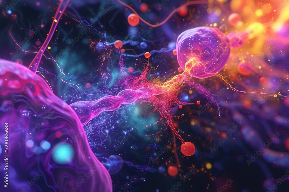 A vibrant and colorful illustration of neurotransmitters firing in the brain, representing chemical processes A vibrant and colorful illustration of neurotransmitters firing in the brain, representing chemical processes