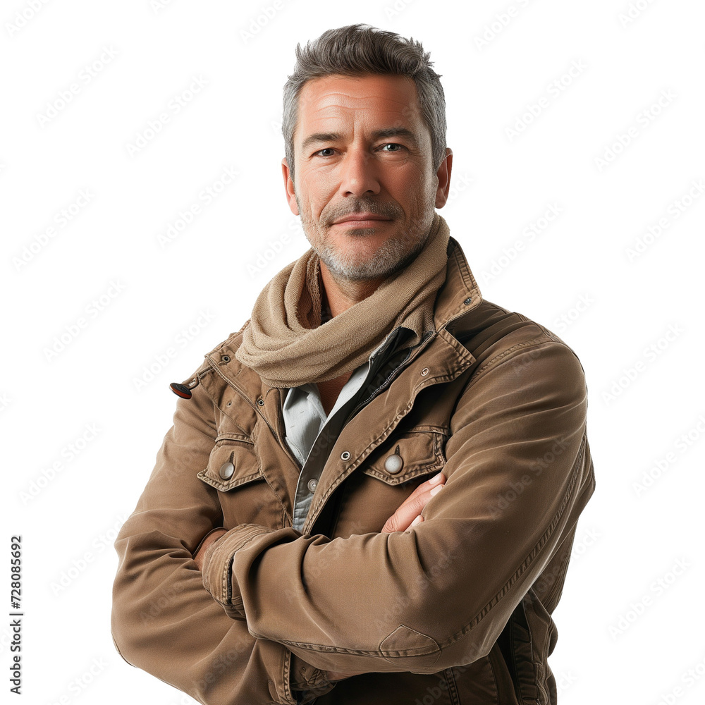 Portrait of a handsome man with sage-gray hair in a jacket and scarf, folding his arms across his chest Portrait of a handsome man with sage-gray hair in a jacket and scarf, folding his arms across his chest