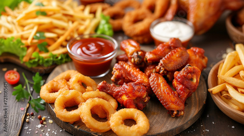Delectable Pub Appetizers: A Mouthwatering Panorama of Chicken Wings, Onion Rings, and French Fries