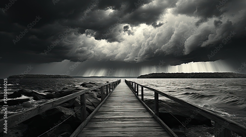 a black and white photo of a dock in the middle of a body of water with dark clouds. dark mood Generative AI	 - obrazy, fototapety, plakaty 
