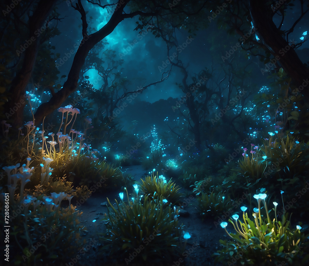 Obraz premium A fantasy world illuminated by bioluminescent plants, creatures, and magical landscapes. Colorful bioluminescence plants in the forest, crystals and glowing path, fireflies