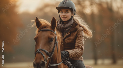 Woman riding a horse, closeup photo