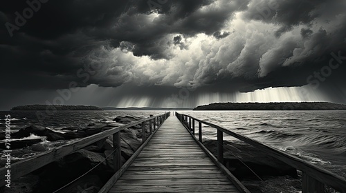 a black and white photo of a dock in the middle of a body of water with dark clouds. dark mood Generative AI	 photo
