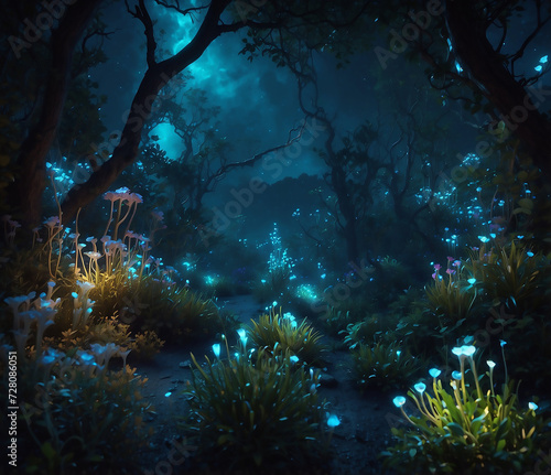 A fantasy world illuminated by bioluminescent plants, creatures, and magical landscapes. Colorful bioluminescence plants in the forest, crystals and glowing path, fireflies