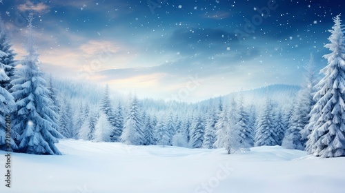 Winter Christmas landscape with pine tree and snow
