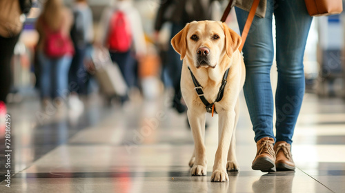 A guide dog guiding its owner through a crowded airport, emphasizing their role in navigating diverse environments #728086259