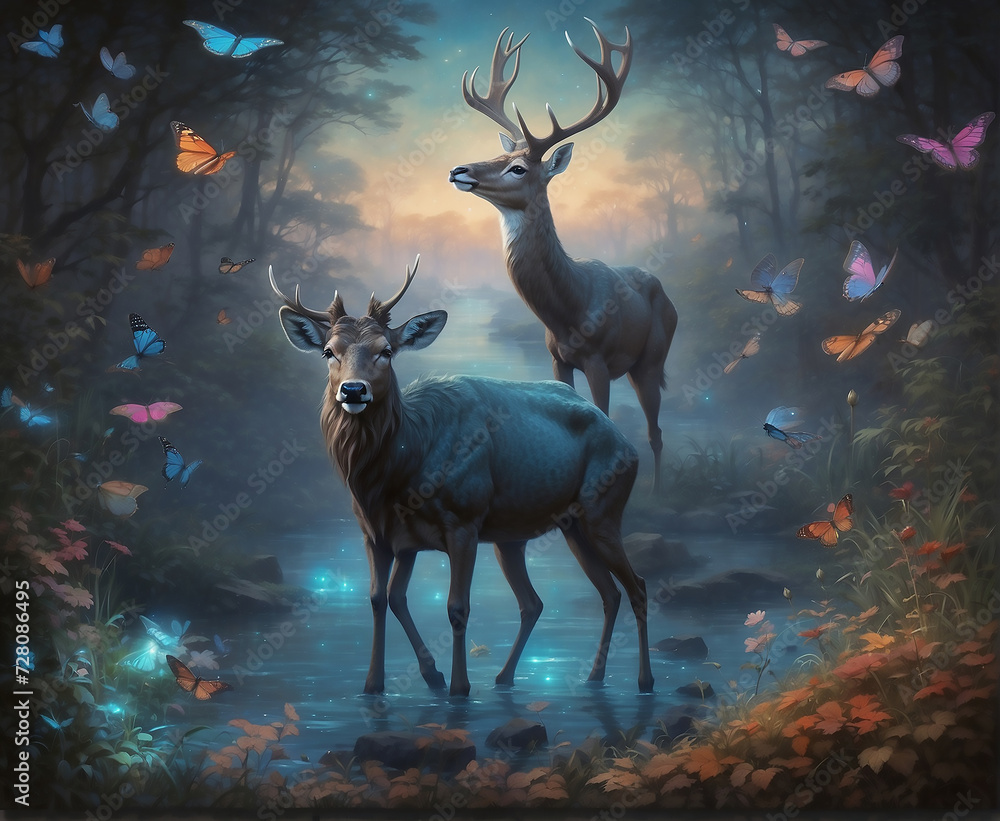 Enchanting and mystical creatures residing in a magical forest, like unicorns, fairies, or mystical birds. Magical deer in a forest