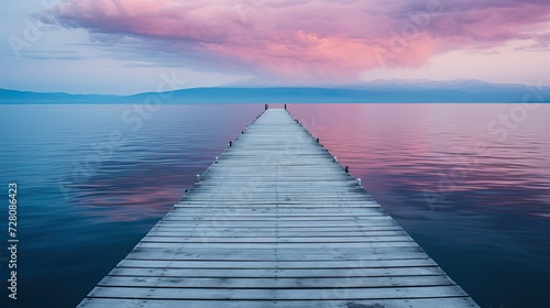 blue and pink photo of a dock in the middle of a body of water with pink clouds. Generative AI