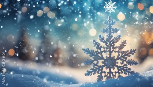 abstract winter background featuring a blurred christmas tree in a snowy landscape with a snowflake as a symbol of christmas