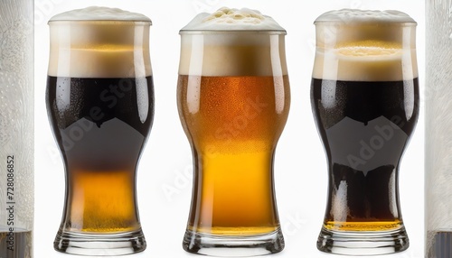 three foamy pints stout ale pilsner lager beer on white background for use alone or as a design element