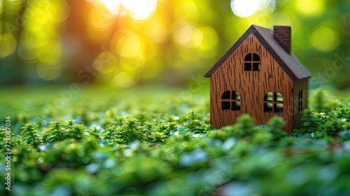 miniature wooden house. green nature background. Generative AI
