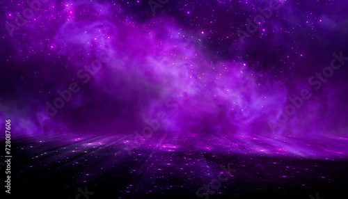 Fototapeta Naklejka Na Ścianę i Meble -  Abstract empty dark stage with purple smoke, neon, sparkles.