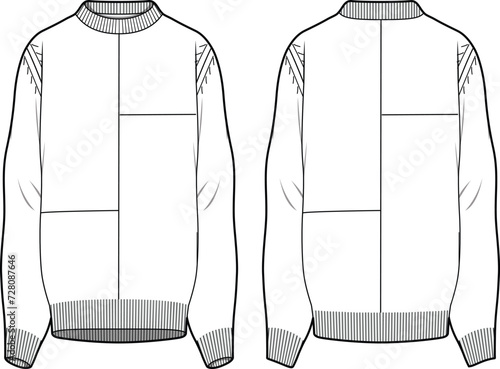 Unısex Round Neck, Patch Work Jumperç Technical fashion illustration. Front and back, colored. Women's CAD mock-up.