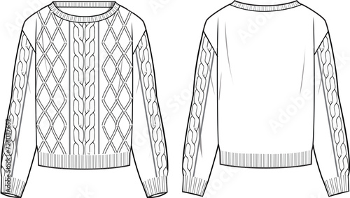 Women's Pearl Detail, Cable Front Detail Jumper. Technical fashion illustration. Front and back, white color. Women's CAD mock-up.