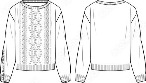 Women's Pearl Detail, Cable Front Detail Jumper. Technical fashion illustration. Front and back, white color. Women's CAD mock-up.