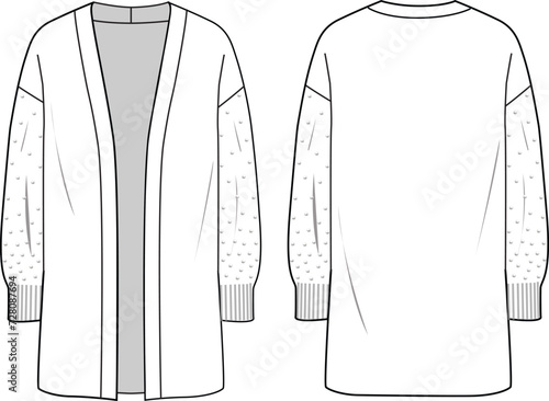 Women's Pear Detail, Long Line Cardigan. Technical fashion illustration. Front and back, white color. Women's CAD mock-up.