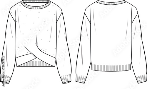 Women's Pearl Detail, Twist Front Jumper. Technical fashion illustration. Front and back, white color. Women's CAD mock-up.