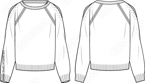 Women's Pearl Detail, Cut Out Shoulder Jumper. Technical fashion illustration. Front and back, white color. Women's CAD mock-up.