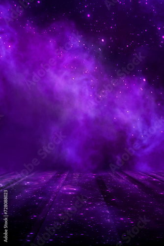 Abstract empty dark stage with purple smoke, neon, sparkles.
