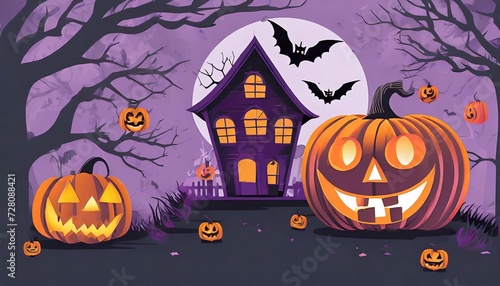 graphic t shirt design style halloween haunted house pumpkin heads violet background