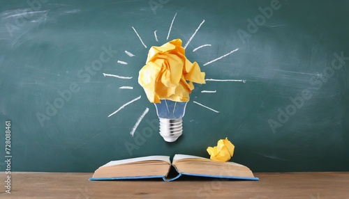 education concept image creative idea and innovation crumpled paper as light bulb metaphor over blackboard photo