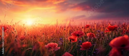 Beautiful Evening Sunset with Vibrant Grass and Blooming Flowers