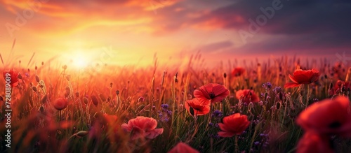 Wallpaper Mural Beautiful Evening Sunset with Vibrant Grass and Blooming Flowers Torontodigital.ca