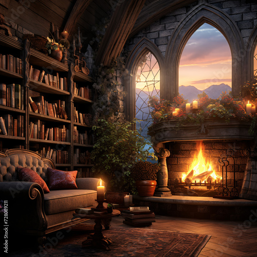 
Living room with fireplace and bookshelves, in the style of a romantic landscape.