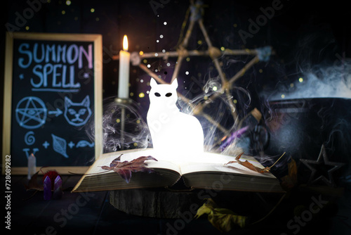 Glowing, shining cat figure, rising from a book in a magical still life with a blackboard and a cauldron. Witchcraft, patronus background.  photo