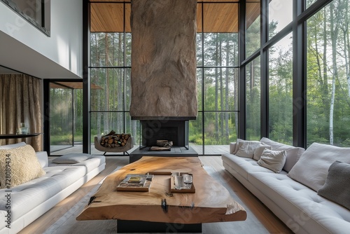 Wallpaper Mural Scandinavian Home Interior with Live Edge Coffee Table, Sofas by Fireplace in Modern Living Room, House in Forest Torontodigital.ca