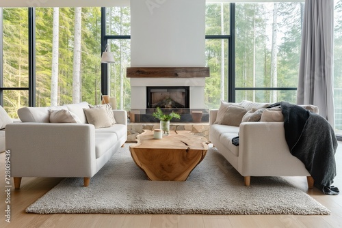 Scandinavian Home Interior with Live Edge Coffee Table, Sofas by Fireplace in Modern Living Room, House in Forest