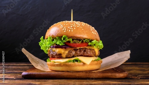 craft beef burger on wooden table on black background