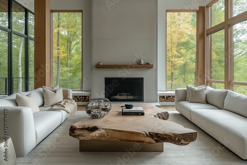 Scandinavian Home Interior with Live Edge Coffee Table, Sofas by Fireplace in Modern Living Room, House in Forest © borisk.photos