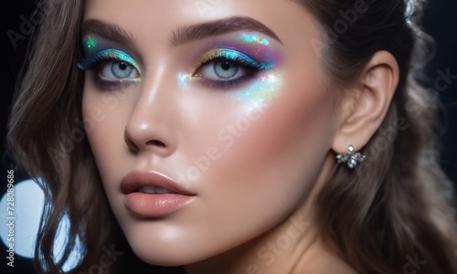 Closeup of woman's face with holographic makeup