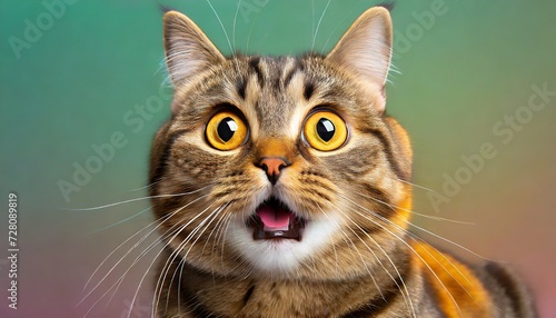 crazy surprised cat makes big eyes close up on a colored background