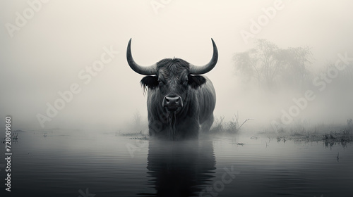 portrait of a water buffalo in the fog