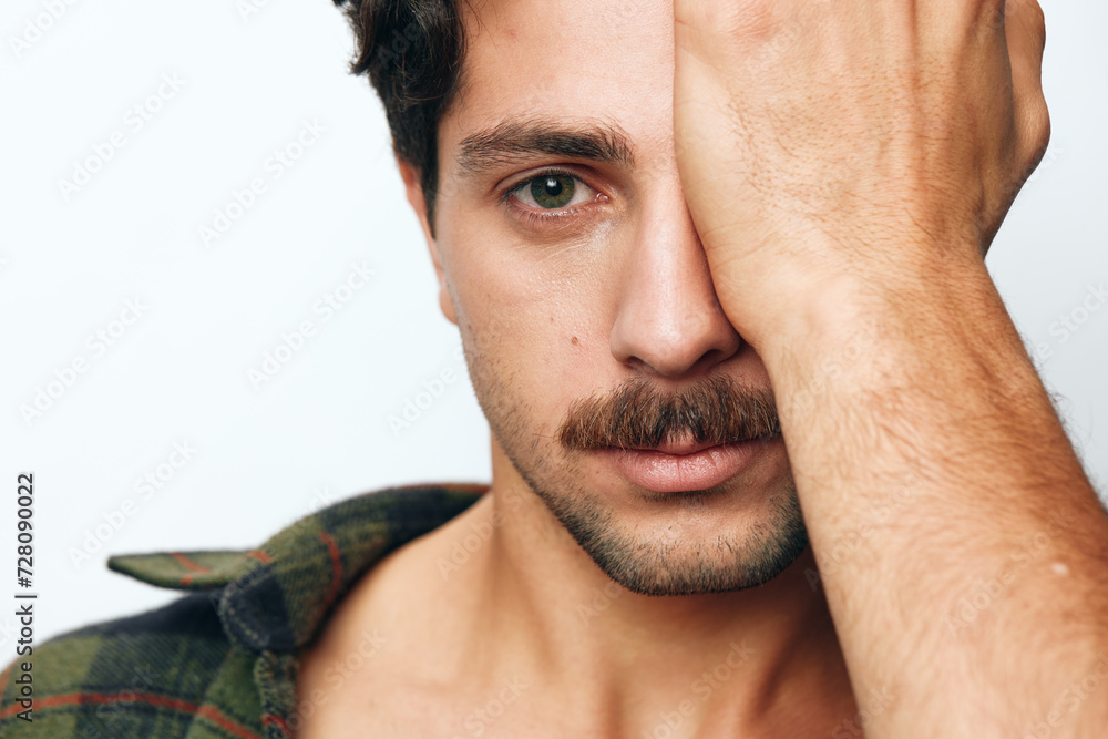 Obraz premium Man shirt face expression hipster background handsome copyspace studio fashion portrait trendy smile