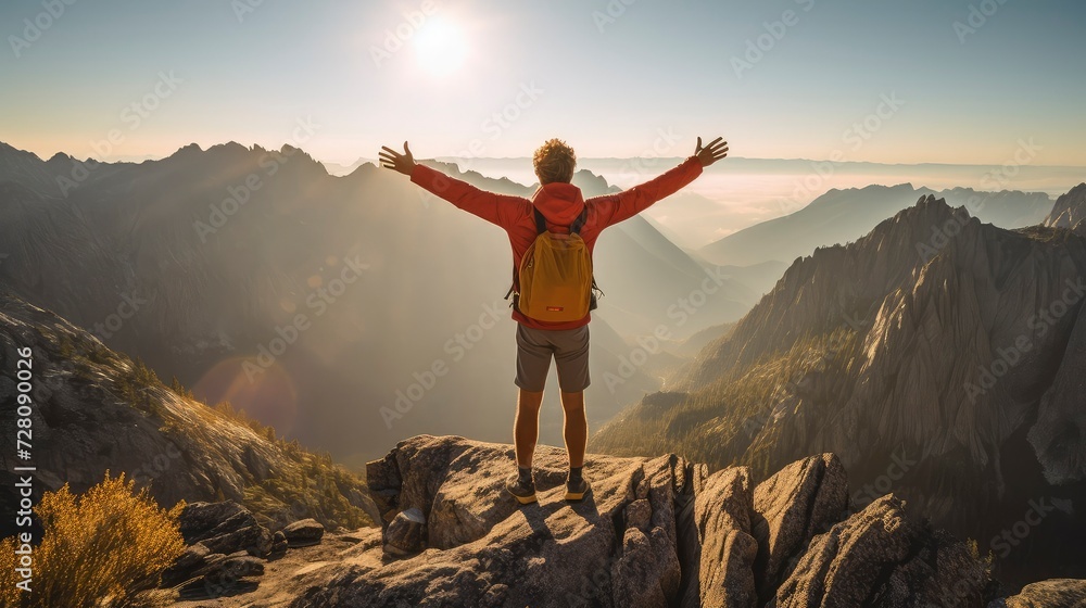 Man stretching arms on mountain Man stretching arms on mountain