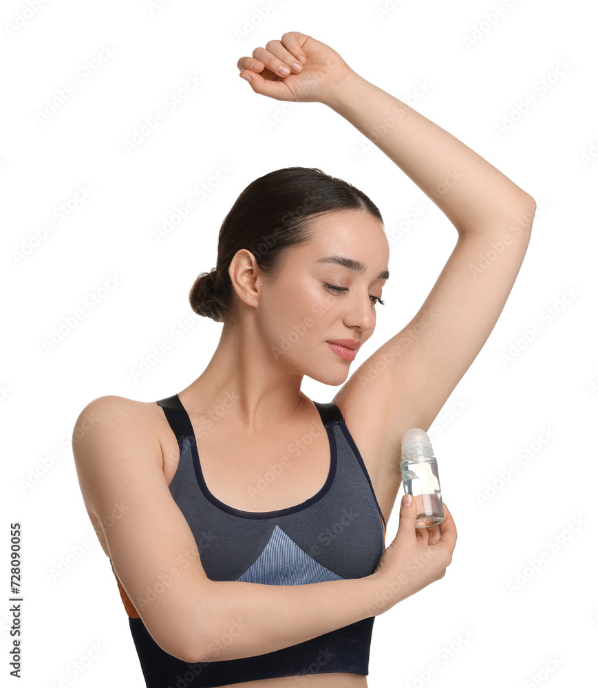 Beautiful woman applying deodorant on white background Beautiful woman applying deodorant on white background