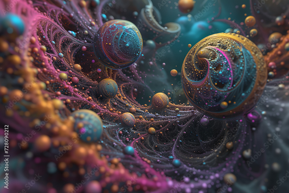 Colorful abstract fantasy picture of the universe made of openwork balls of different diameters - obrazy, fototapety, plakaty 