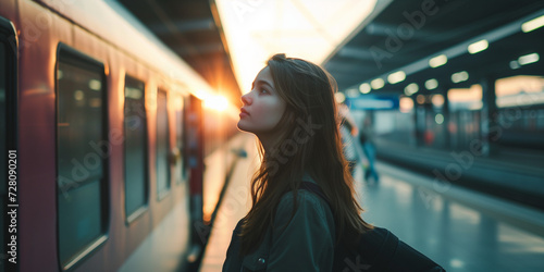 a young woman standing at a station next to a train