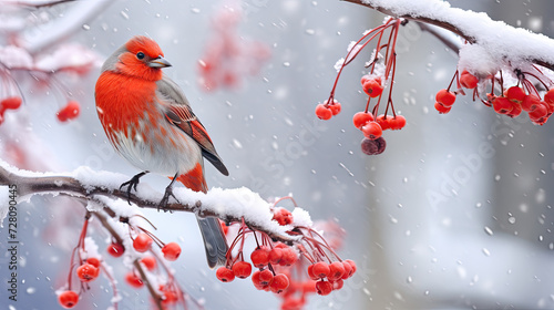 colorful bird sitting on a snow-covered mountain ash © wernerimages